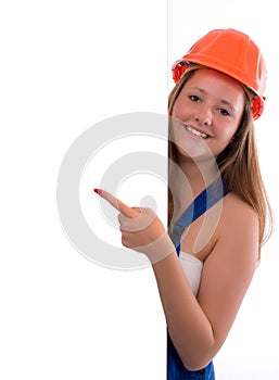 Young Craftswoman point to your logo isolated