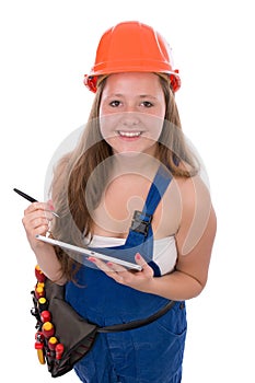 Young Craftswoman with toolbelt ind tablet isolated