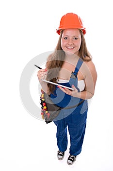 Young Craftswoman with toolbelt and tablet isolated