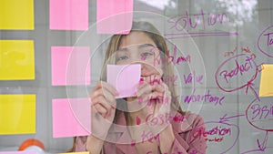 Young Creative businesswoman holding a marker and writing plan and share idea on glass wall with sticky note, Brainstorming and