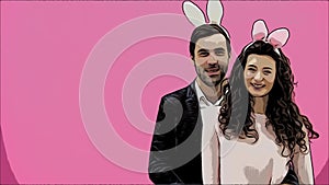 Young creative couple on pink background. With hackneyed ears on the head. During this, two show the gestures of the