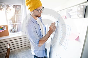 Young creative man writing down ideas on wall full of sticky notes.