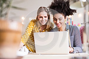 Young creative women with laptop in studio, startup business.