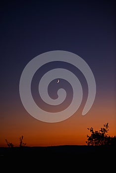 Young crescent moon on a clear sky at the end of the day in the summer