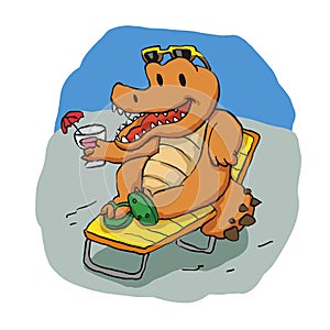 Young crocodille in a beach chair with cocktail