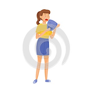 Young Crying Woman Standing and Holding Smiling Mask in Her Hands Vector Illustration