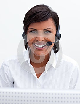 Young customer service agent with headset on