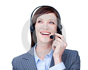 Young customer service agent with headset on