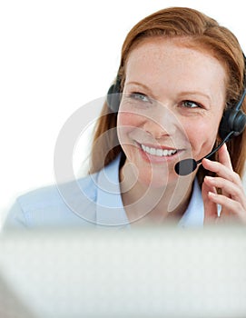 Young customer service agent with headset on