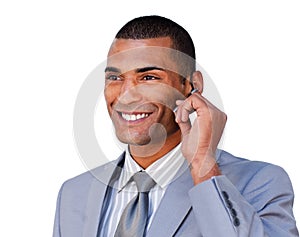 Young customer service agent with headset on