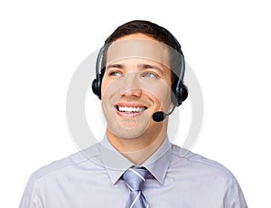 Young customer service agent with headset on