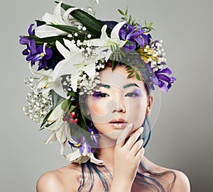 Young Cute Asian Model Woman with Blossom Flower Hairstyle