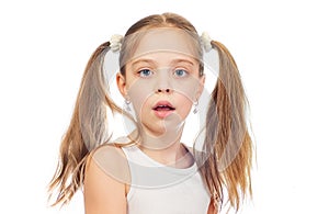 Young cute bemused puzzled girl with grey blue eyes and two hair tails