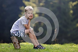Young cute blond child boy sitting on tree stump on green grassy