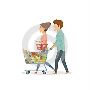 Young cute couple, man and woman shopping in a supermaket,