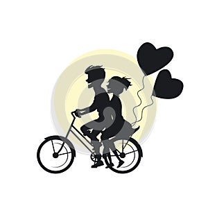 Young cute couple riding bike with heart balloons romantic silhouette