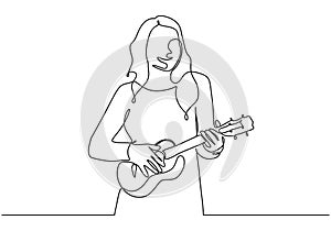 Young cute girl playing ukulele string music instrument. Continuous one line drawing minimalism vector illustration. Beauty woman photo