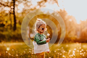 Young cute girl in sun glasses walking on a glade with dandelions. Sunset
