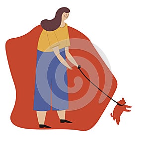 Young cute girl walking with a dog. Vector illustration for service of pet sitter, walker, vet clinic, pet care, hospital, dog