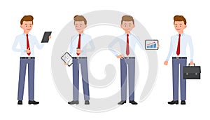 Young, cute, happy office man in formal wear standing with notes and coffee, tablet, briefcase.