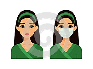 Young Cute Indian woman with a mask on her face from coronavirus, diseases and air pollution. Brazilian woman wearing a medical