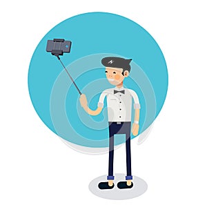 young cute man standing full length trying to make a self portrait with mobile device using selfie stick
