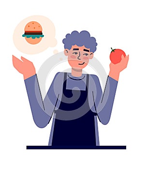 Young cute man think how to cook burger himself on his kitchen. Vector illustration with food and cooking