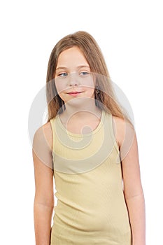 Young cute mysteriously smiling girl with long light brown hair