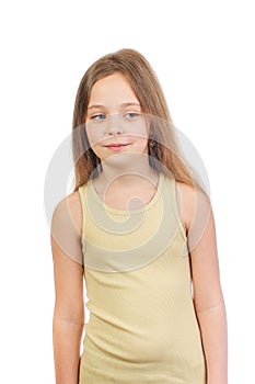 Young cute mysteriously smiling girl with long light brown hair photo