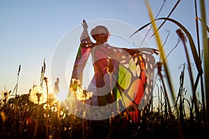 Young cute pretty woman with bright fabric like butterfly wings play, fly, run, jump in meadow or field with green grass. Girl or