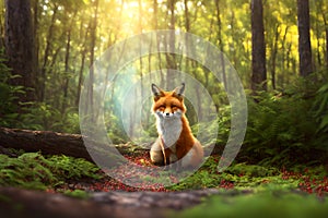 A young cute red fox shot in a lush summer forest, AI generated