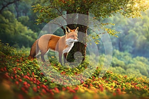 A young cute red fox shot in a lush summer forest, AI generated
