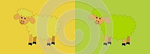 Young and cute sheep in profile on a yellow and green background - vector