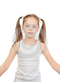 Young cute smiling girl with grey blue eyes and two hair tails