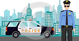 Young Cute Smiling Standing Policeman Officer in Uniform with Police Car and Modern Cityscape in Flat Style. Vector