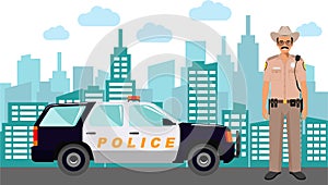 Young Cute Smiling Standing Policeman Sheriff Officer in Uniform with Police Car and Modern Cityscape in Flat Style