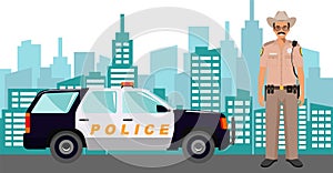 Young Cute Smiling Standing Policeman Sheriff Officer in Uniform with Police Car and Modern Cityscape in Flat Style