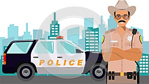 Young Cute Smiling Standing Policeman Sheriff Officer in Uniform with Police Car and Modern Cityscape in Flat Style