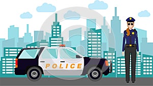 Young Cute Smiling Standing Policewoman Officer in Uniform with Police Car and Modern Cityscape in Flat Style. Vector