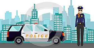 Young Cute Smiling Standing Policewoman Officer in Uniform with Police Car and Modern Cityscape in Flat Style. Vector