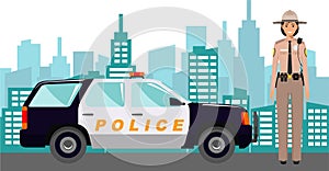 Young Cute Smiling Standing Policewoman Sheriff Officer in Uniform with Police Car and Modern Cityscape in Flat Style