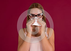 Young cute woman, allergy, studio