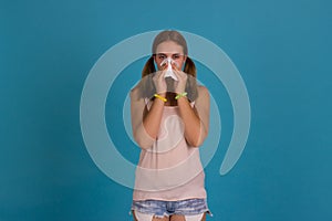 Young cute woman, allergy, studio