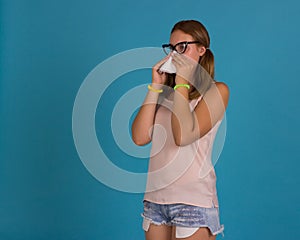 Young cute woman, allergy, studio