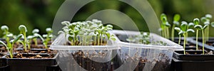 Young cutting flower seedlings growing in a propagation trays. Spring gardening banner. Zinnia, Aster and Dahlia sprouts.