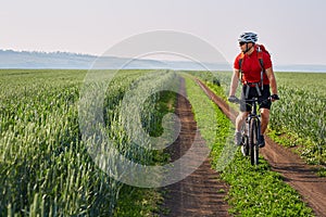 Young cyclist riding bicycle on the road on green field.