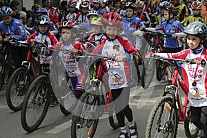 Young cyclists of sports school of Pyatigorsk (Russia) on parade