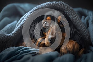 A young Dachshund dog under a blanket. The pet is basking under the plaid. The concept of caring for pets.