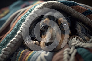 A young Dachshund dog under a blanket. The pet is basking under the plaid. The concept of caring for pets.