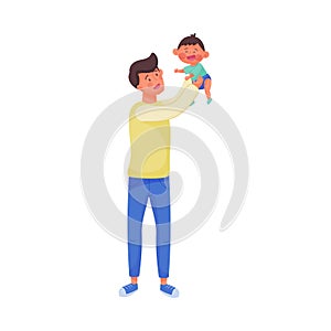 Young Dad Holding His Baby in the Air and Playing with Him Vector Illustration
